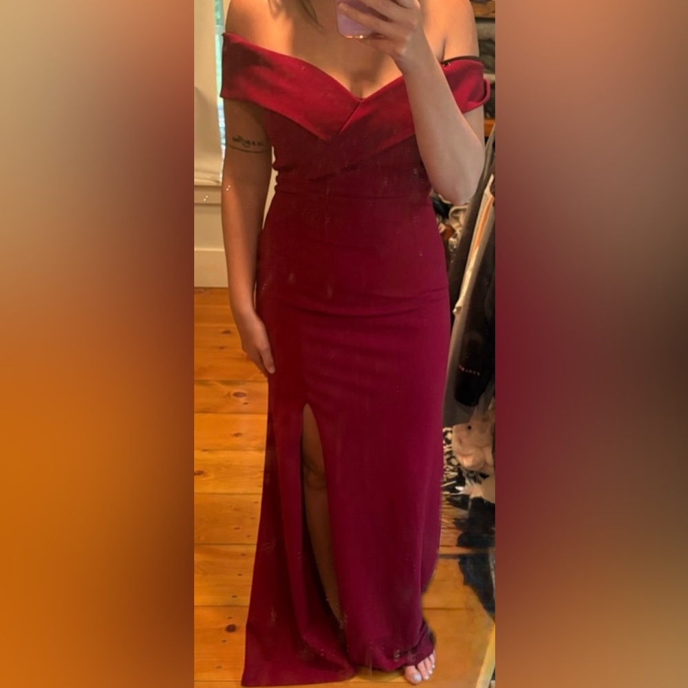 Lulus Elegant Off-Shoulder Maroon Evening Gown